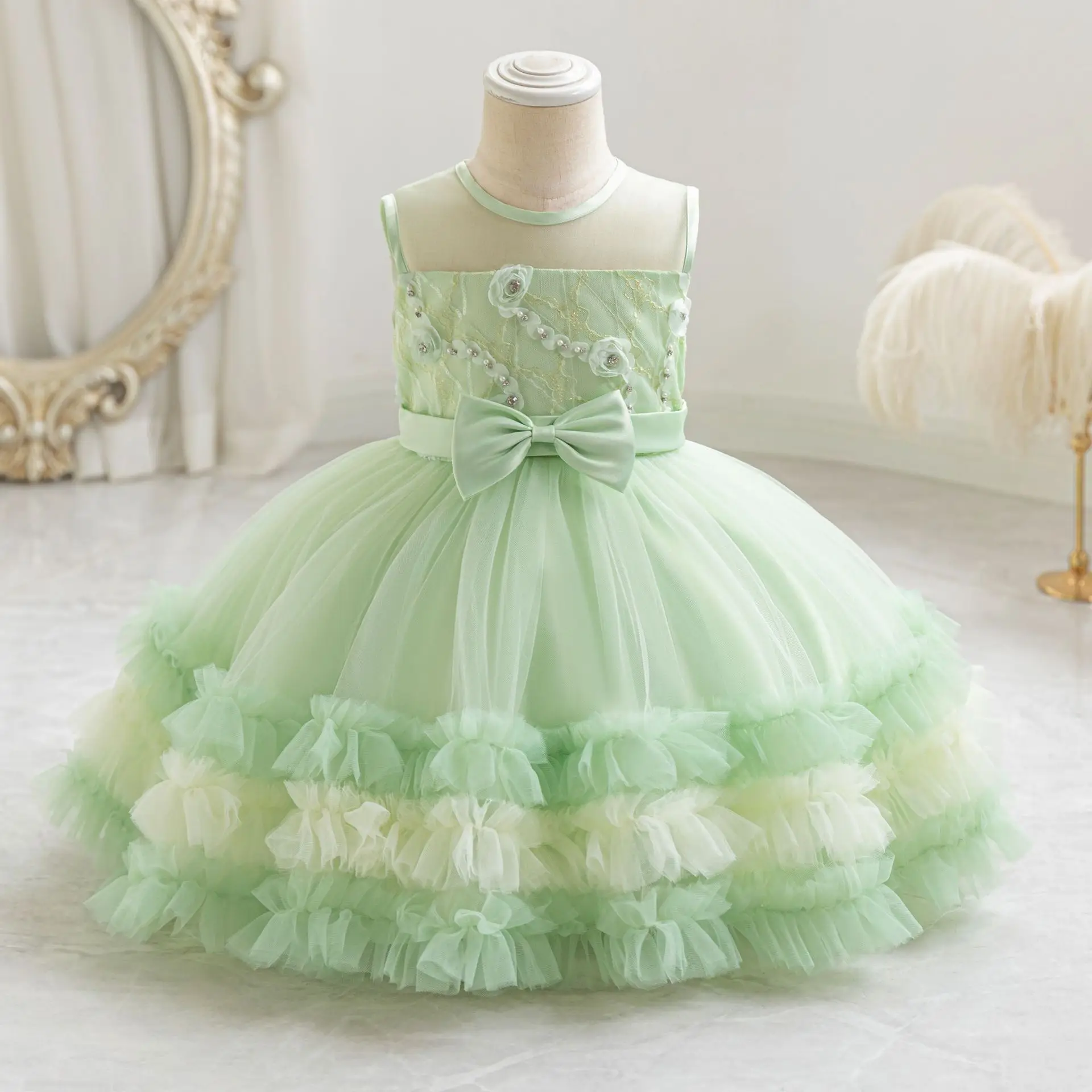 Shiny Toddler Ruffled Baby Toddler Beaded Birthday Party Formal Pageant Flower Girl Dress