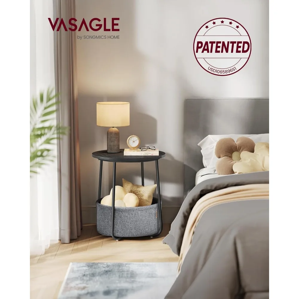 ファブリックバスケット付きのモダンな丸型サイドテーブル、寝室やリビングルーム用の小さなナイトスタンド、簡単な組み立て
