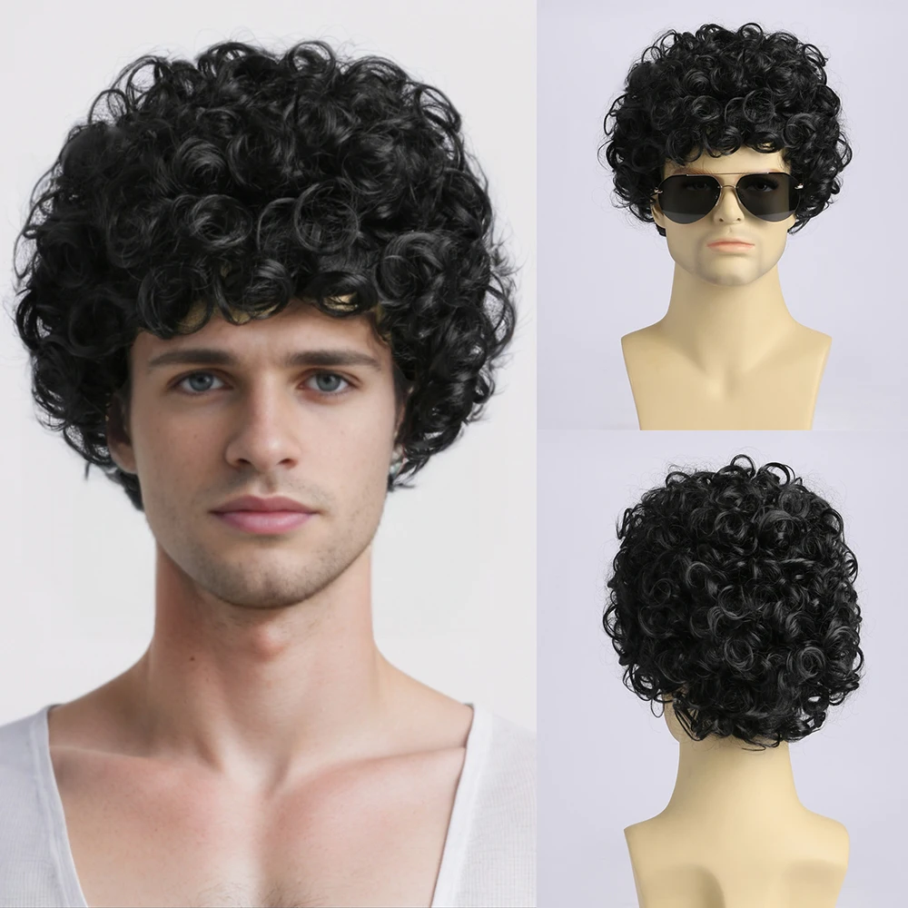 

Синтетический короткий вьющийся парик, черные накладные волосы для мальчиков, повседневные вечерние парики для косплея для мужчин, высокотемпературное волокно