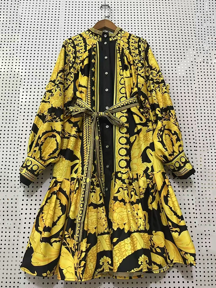 في خريف 2025، فستان قميص ملابس نسائية، فستان خصر مطبوع بمناظر طبيعية قديمة، تنورة منتفخة فضفاضة عصرية