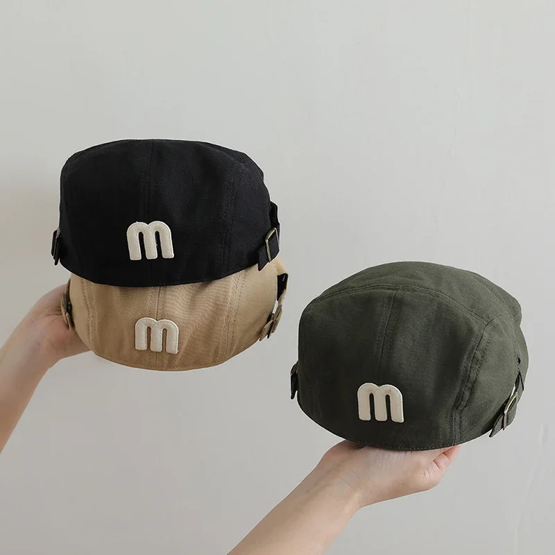 

Spring Summer Kids Beret Hats Letter Embroidered Newsboy Cap Solid Color Adjustable Toddler Forward Hat