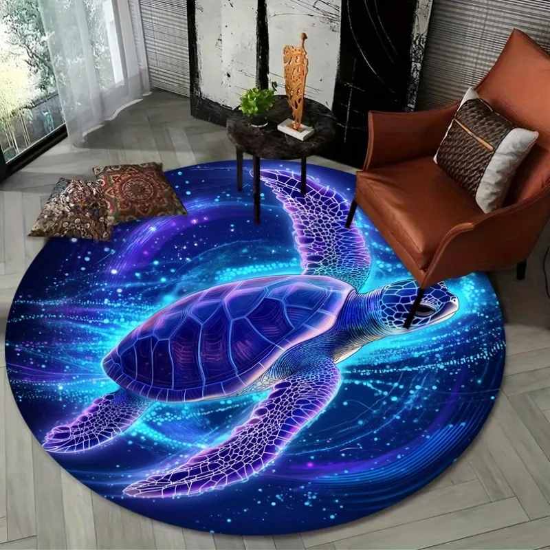Neon Sea Turtle Round Rug Galaxy Space Design Glowing Effect Soft Flannel Floor Mat for Teen Room Gaming Setup Modern Decoration