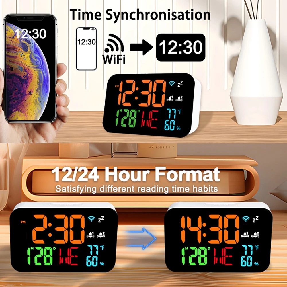 Tuya WiFi Desktop Clock Calendar Intelligent Thermometer Hygrometer with Digital LED Display Support WIFI Auto-Calibration