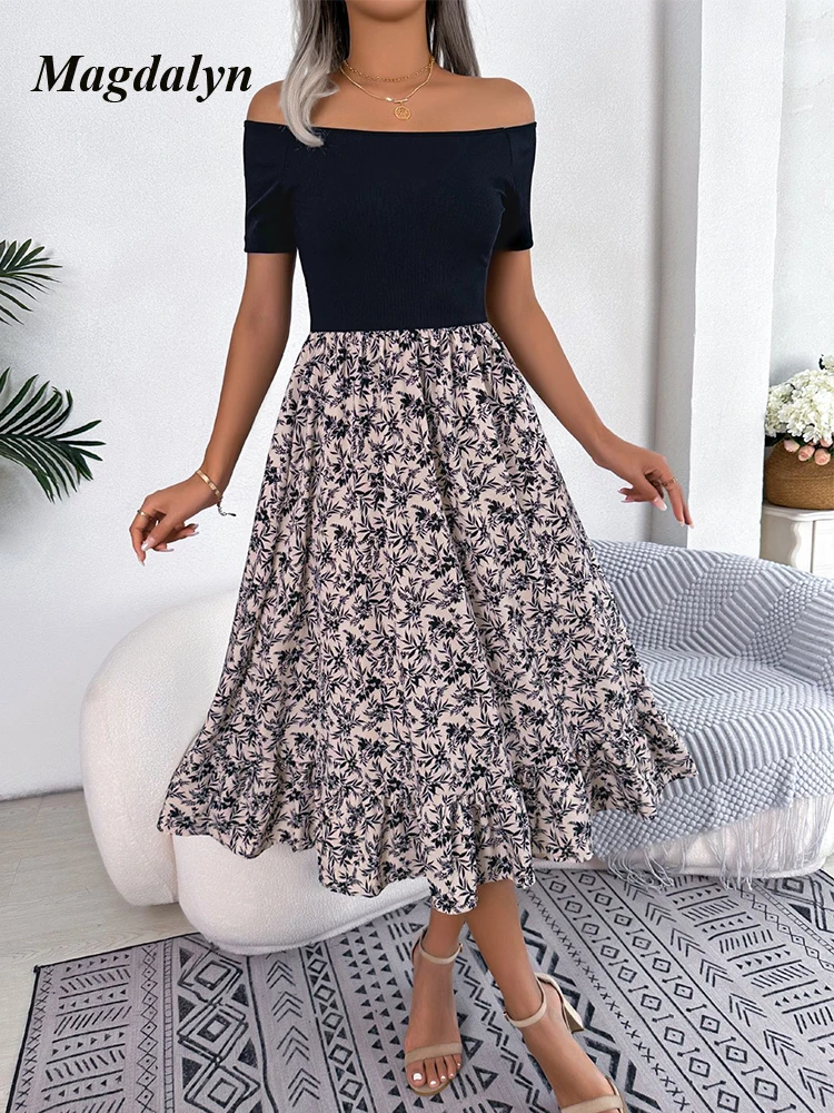 Magdalyn Women Floral Print Chiffon Sundress Short Sleeves Fashion Retro Party Vestido Off Shoulder Summer A Line Bohemian Dress