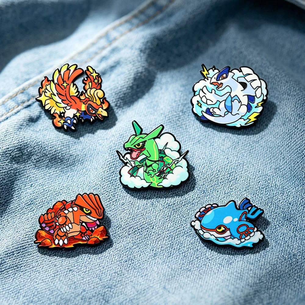 5Pcs Legendary Enamel Pins Ho‑Oh Lugia Rayquaza Groudon Kyogre Metal Lapel Badge Brooch For Backpack Jacket Anime Collectible