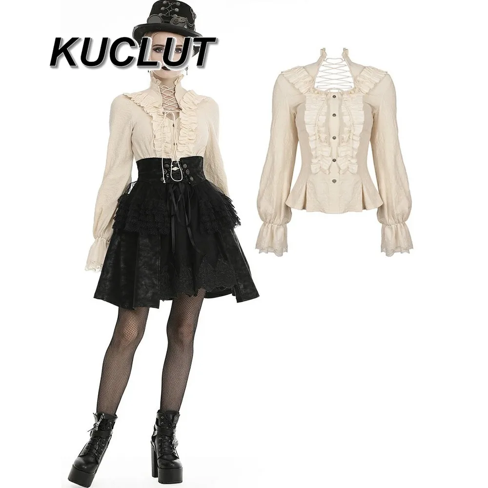 

Gothic Style Spring and Autumn Ladies Top Lace-up Collar Women's Casual Shirt Solid Color Fashion Vintage Elegant Blouses Femme