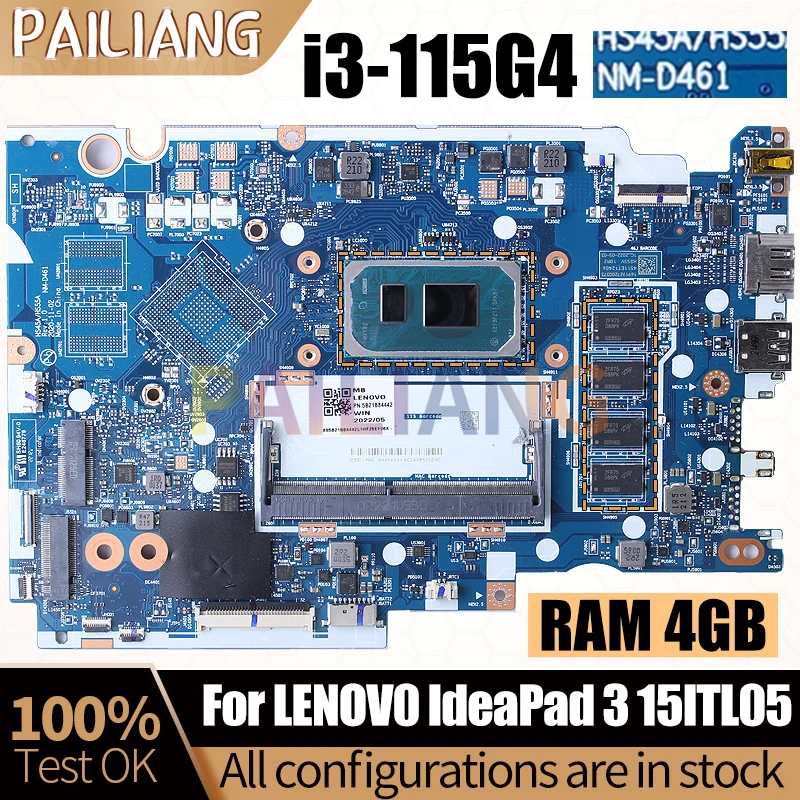 

For LENOVO IdeaPad 3 15ITL05 Notebook Mainboard Laptop NM-D461 SRK07 SRK08 i3-115G4 4GB RAM 5B21B84444 Motherboard Full Tested