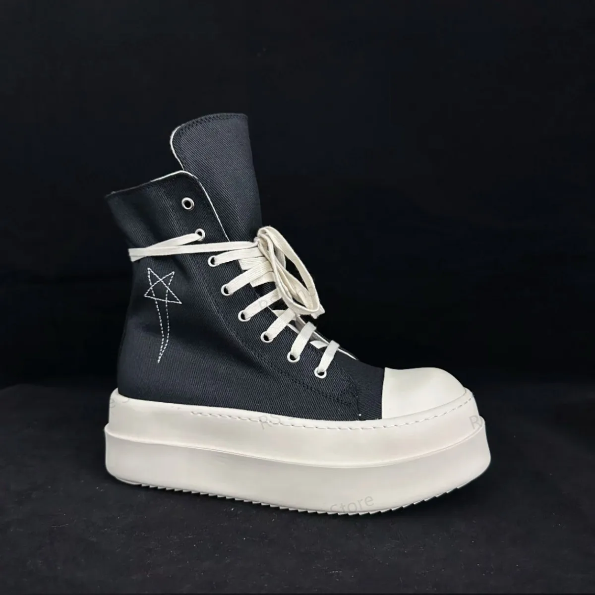 

R-o Classic Men Shoe Black Canvas Ankle Boot Women Sneaker High Top Casual Shoes Zipper Lace Up 6cm Thick Sole Sneakers Boots