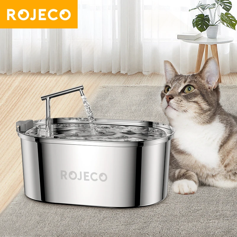 ROJECO Fontaine à eau pour chat en acier inoxydable avec filtres, fontaine à eau automatique pour animaux de compagnie, distributeur d'eau pour chat et chien.