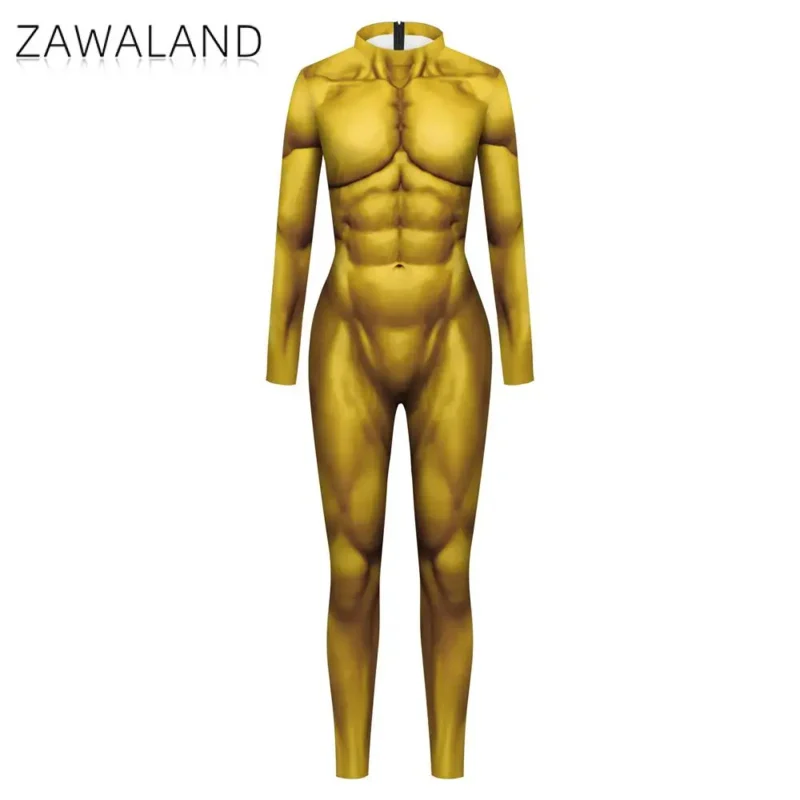 Kostium Cosplay Purim Muscle 3D Print Męskie kombinezony z długim rękawem Halloween Karnawał Występ Zentai Catsuit Strój J