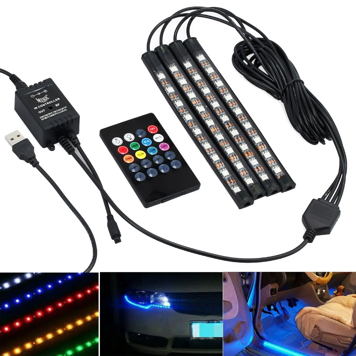 

4x DC12V 9 светодиодов RGB для салона автомобиля, атмосфера, полоса для ног, USB-зарядное устройство