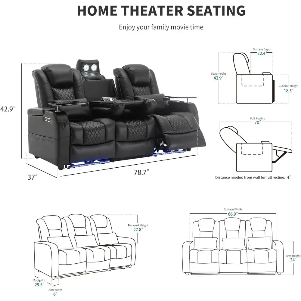 Asientos de sofás reclinables para el hogar, iluminación ambiental de 7 colores, almohada Lumbar, luces de lectura táctiles, mesa con bandeja, sofás reclinables para teatro