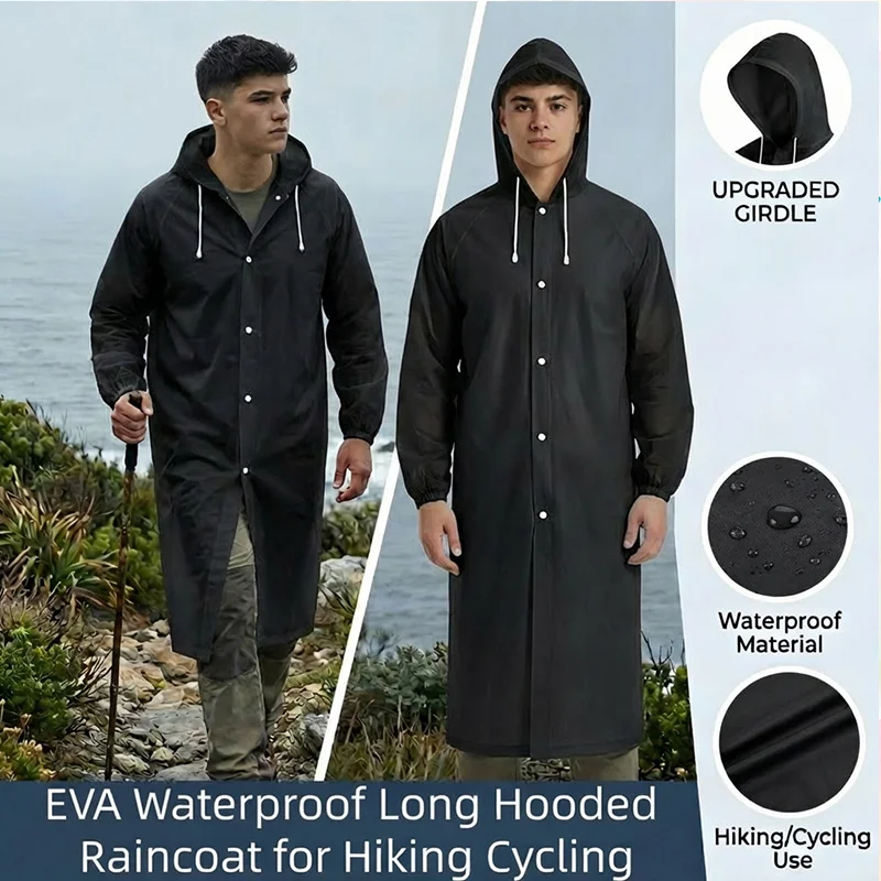 Black Portable Waterproof Raincoat With Cap Thickened Eva Integrated Long Fashion Raincoat Reusable Outdoor Hiking Raincoat