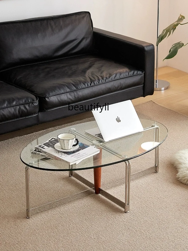 

Nordic Mid-Ancient Glass Coffee Table Small Apartment Living Room Home Tempered Oval Simple Tea Table Stainless Steel