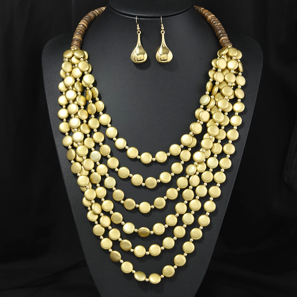 2026 Trend Mehrschichtige runde Holzscheiben-Perlen-Statement-Halskette und Ohrringe Set für Damen – Strand- und Party-Accessoires – Detail 5