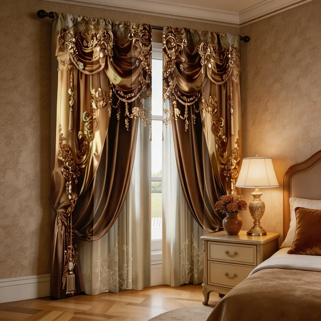 

2pcs Luxury European Palace Gold Polyester Curtains, Rod Pocket Blackout Thermal Treatments for Home Decor