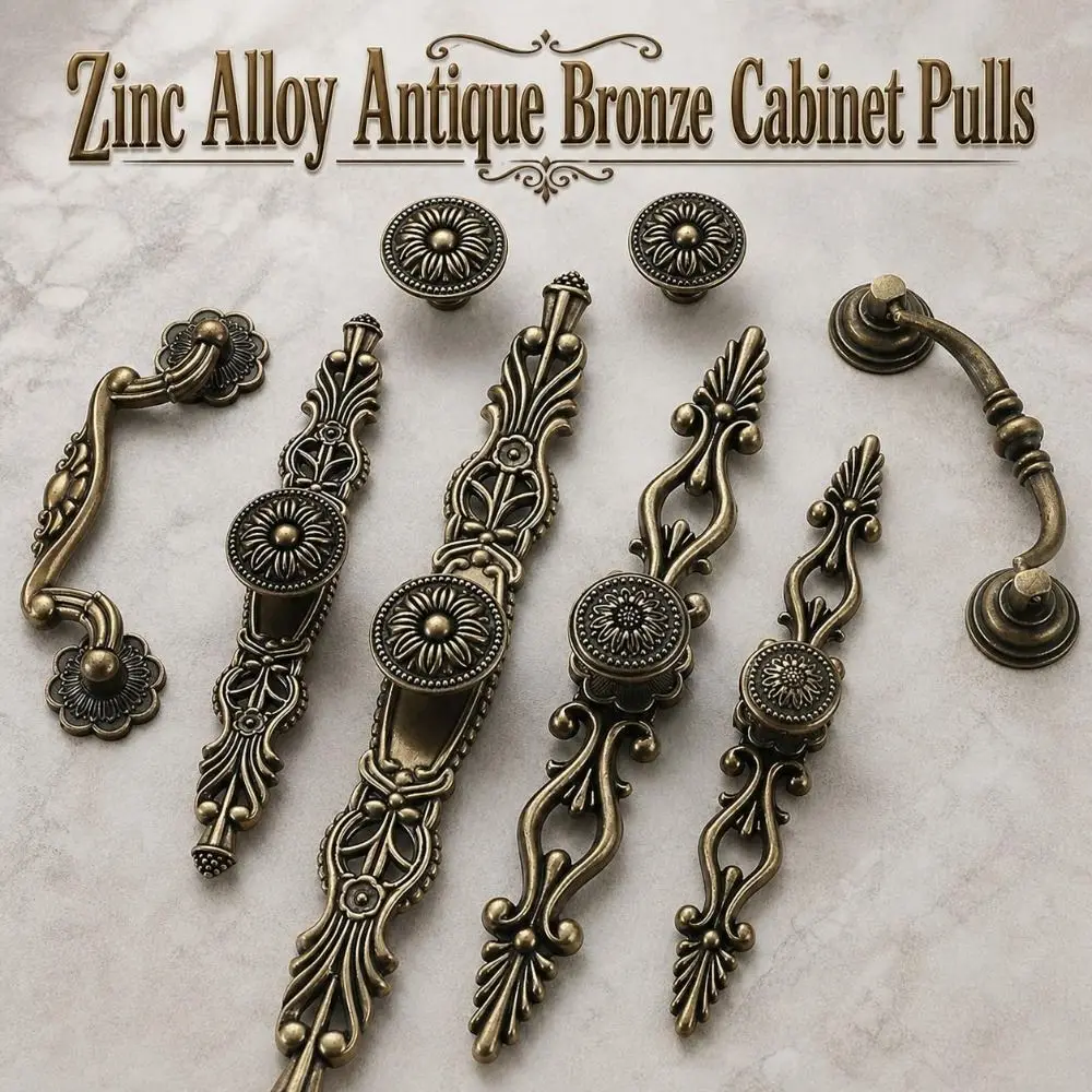 Zinc Alloy Antique Bronze Cabinet Pulls Vintage European Wardrobe Door Handles Ornate Bronze-Finished Hardware Cabinet Handles