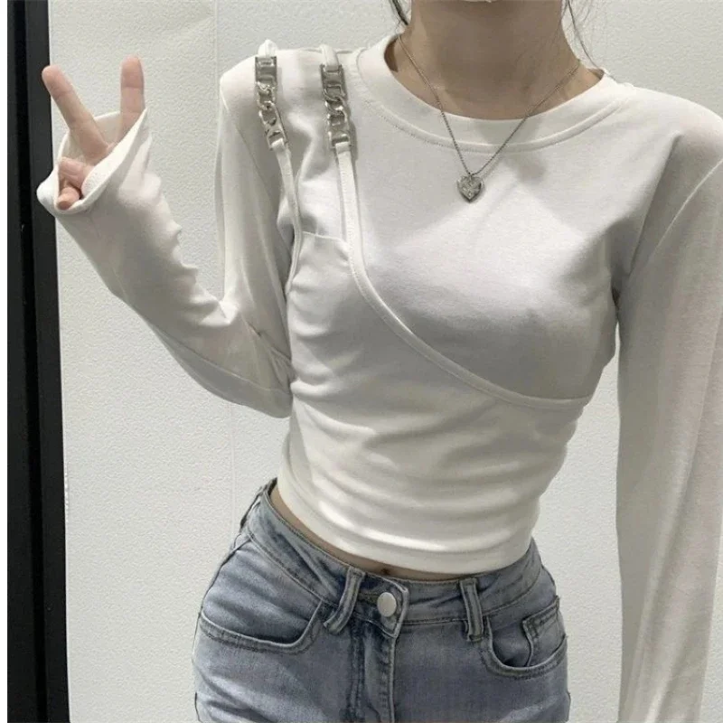 Women Clothing Irregular Two-piece Slim Trend Tops Spring Autumn New Solid Long Sleeve Youth Casual T Shirts Fashion Korean