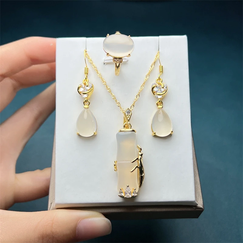 Ice-clear White Chalcedony Inlay Set, Three-piece Set, Agate Bamboo Pendant, Women's Earring Ring.