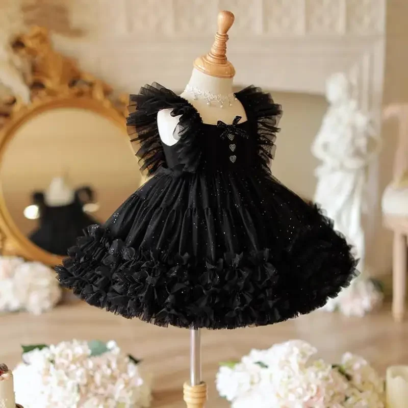 Children\'s Piano Host Performance Black Evening Gown Wedding Birthday Party Flower Girl Dress A4293 Vestidos Bridesmaid Dresses