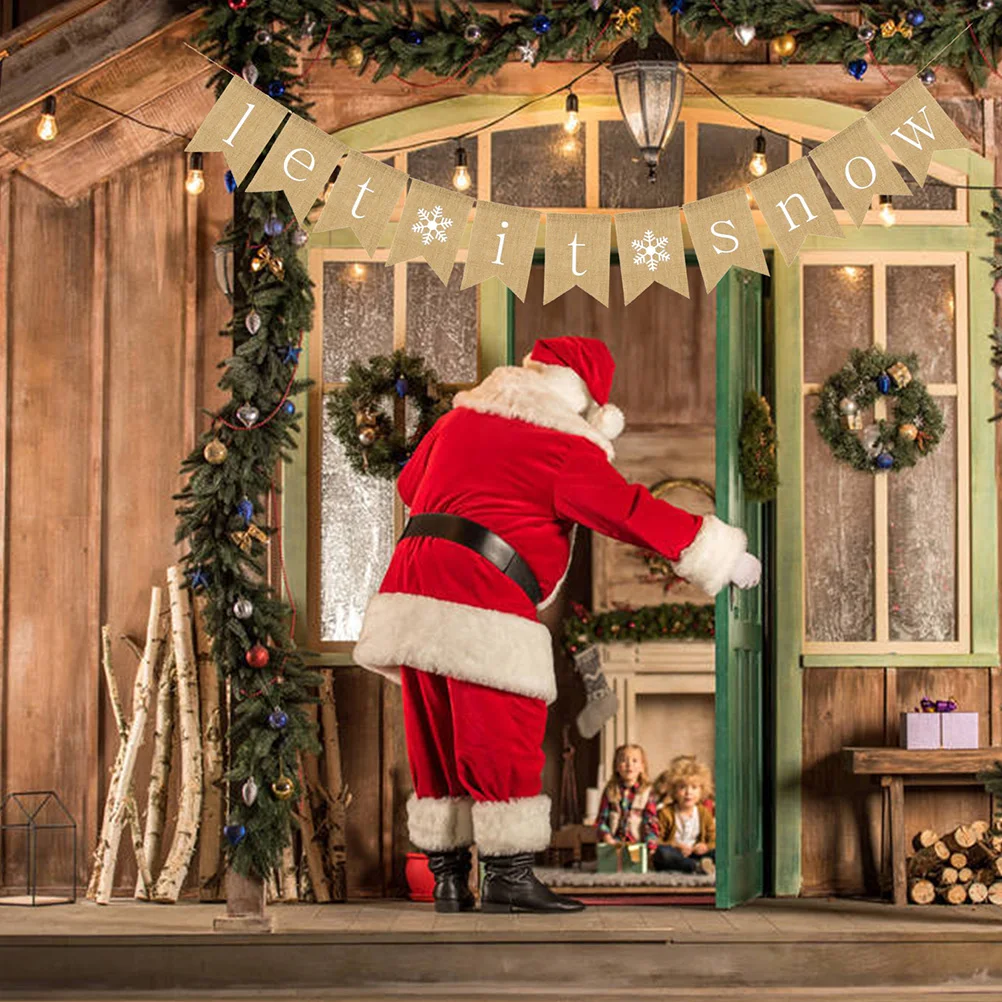 

Christmas Snowflake Decoration Let It Burlap Banner Linen Hanging Pull Flag Banners