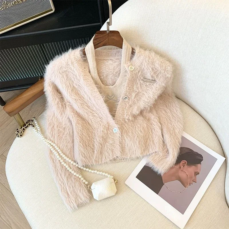 Sexy Halter Vest Pink Cardigan Mink Cashmere Sweet Korean Fashion Knitwear Jacket 2 Sets Tanks Pull Femme Y2k Sweater