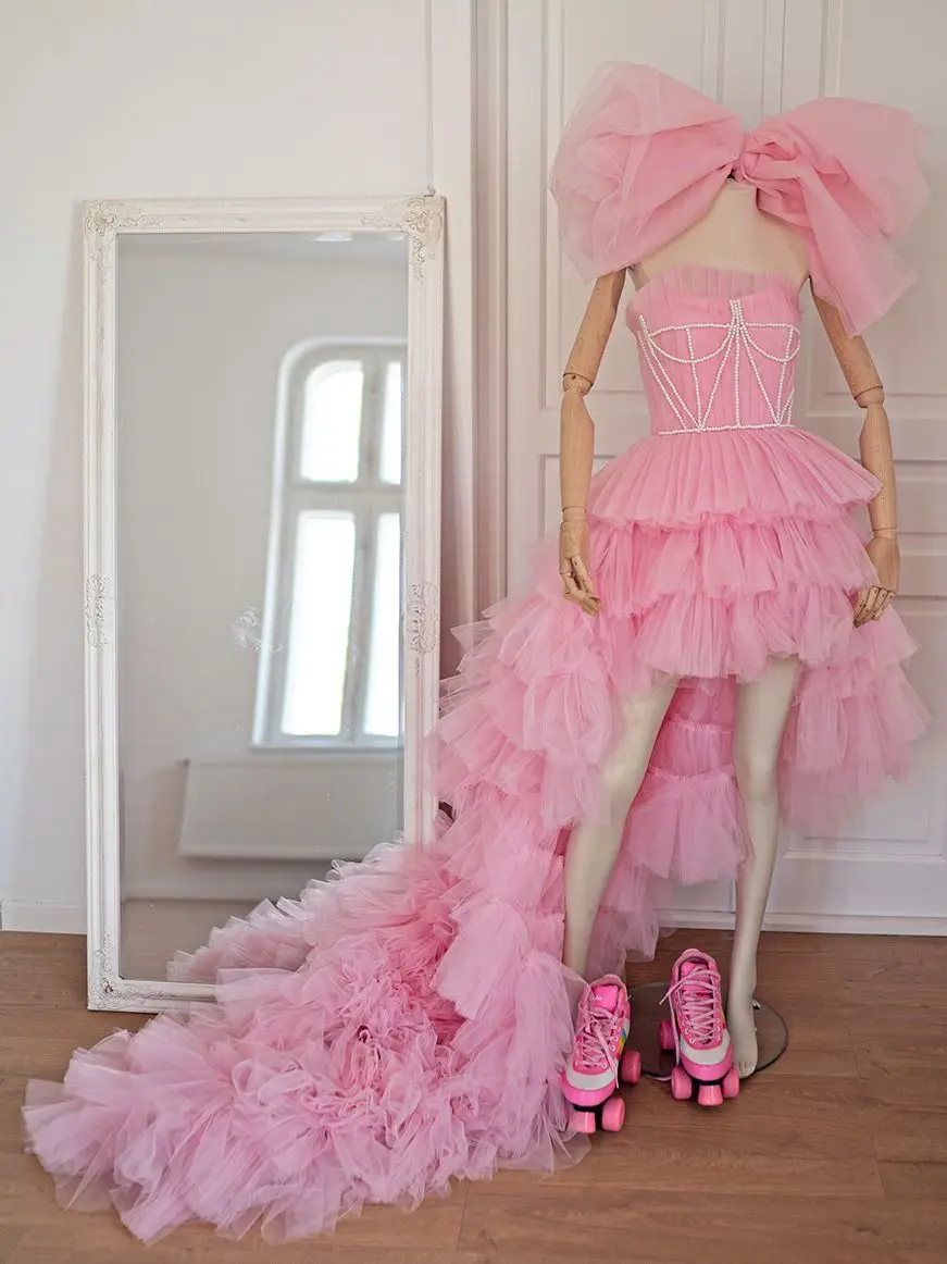 Tutu Strapless Princess High Low Prom Evening Dress Customized Irregular Tiered Ruffled Birthday Mini Pink Homecoming Gown