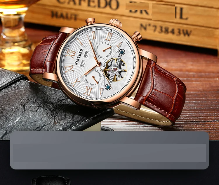 ساعة ميكانيكية للرجال من KINYUED، تقويم أوتوماتيكي متعدد الوظائف، ساعة رجال الأعمال، ساعة رجالية