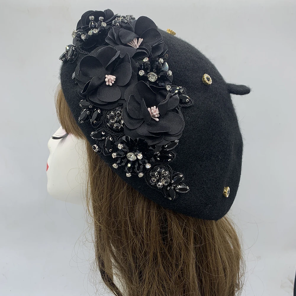 Winter Berets with Chain for Women Luxury Rhinestone Bouquet Turban Cap Exaggerated Painter Hat Female Winter Headpiece