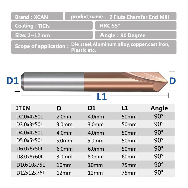 CMCP 90 Degrees Chamfering Cutter 2-12mm 2 Flute Carbide End Mill Milling Cutter for CNC Machine Deburring Router Bit