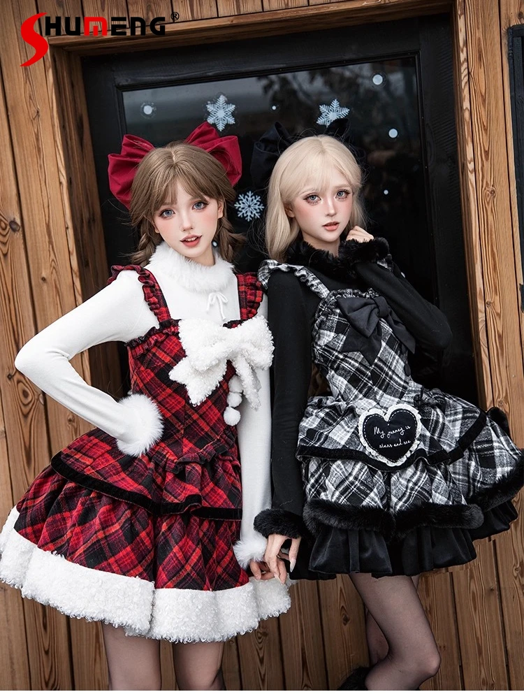 

2025 Winter Elegant Retro Christmas New Year Lolita JSK Dresses Plush Patchwork Bow High Waist Sweet Versatile Plaid Dress Women