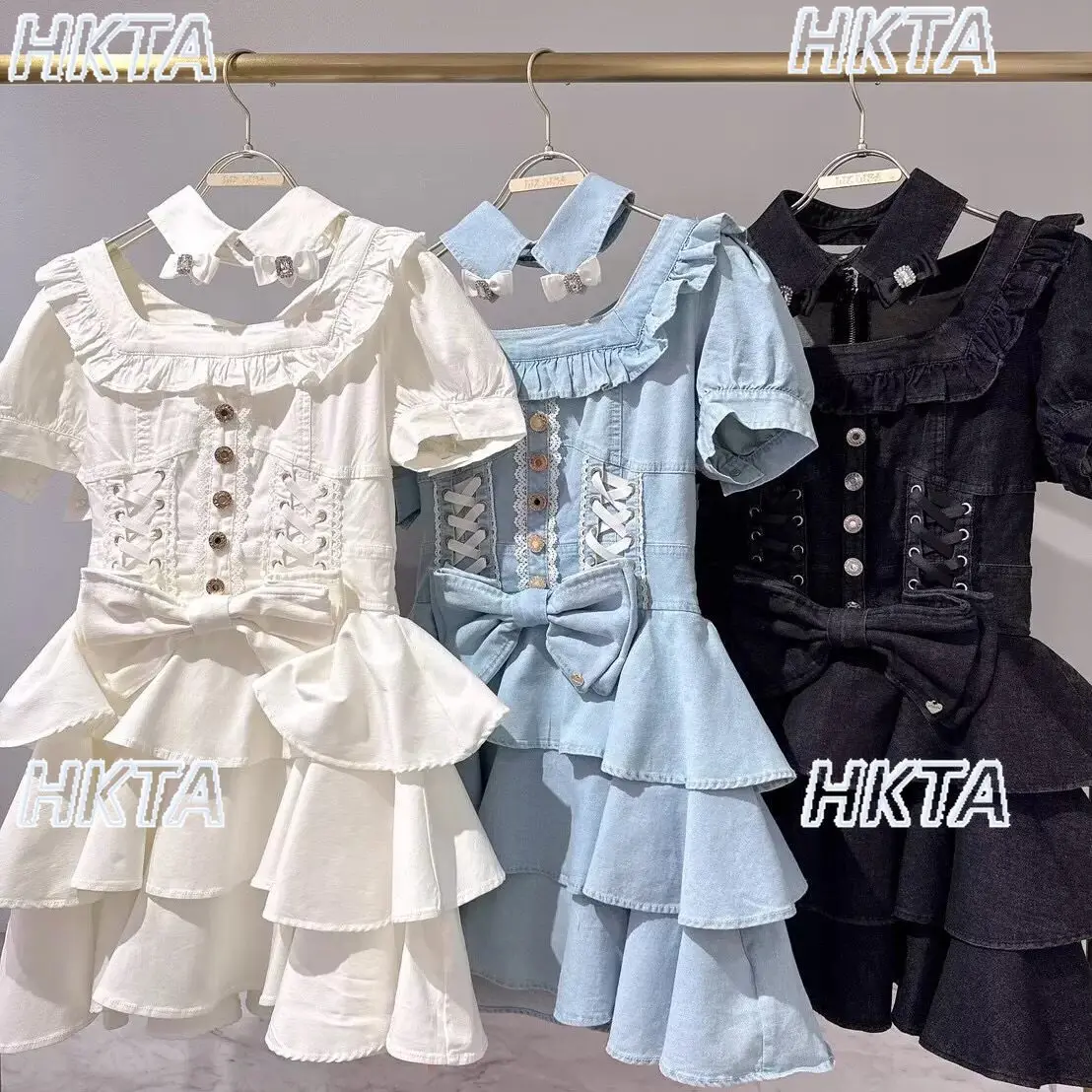 Japanese liz removable collar waist cake denim dress short skirt autumn new short-sleeved dress sweet girls lolita two piece set - view 2