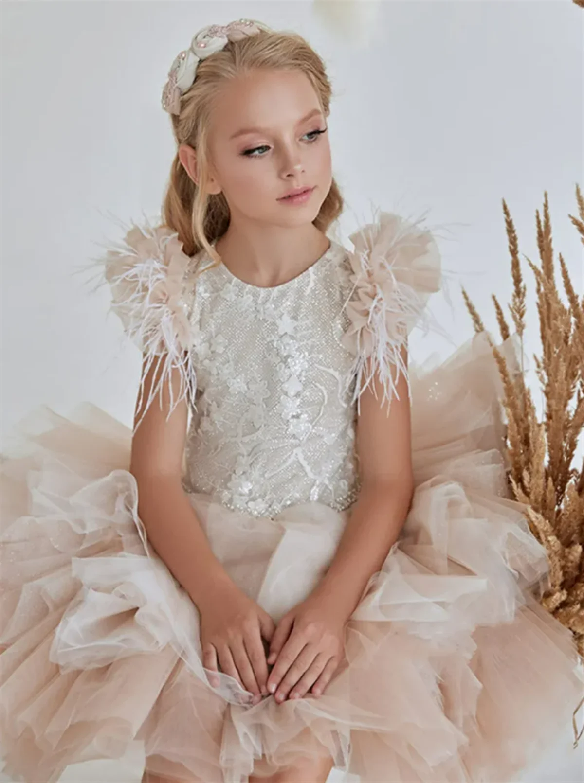 

Flower Girl Dress Pink Fluffy Layered Tulle Lace Tassel Wedding Elegant Flower Child's First Eucharistic Birthday Party Dress