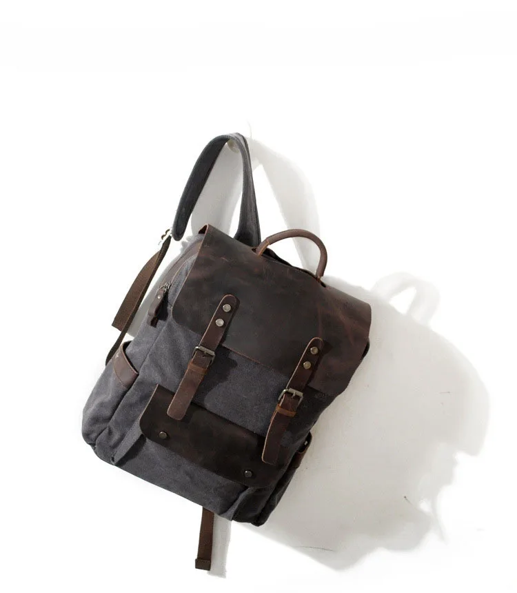 Vintage Canvas Backpack Customizable Logo Unisex College Style Bookbag Cotton Canvas With Genuine Leather Trim