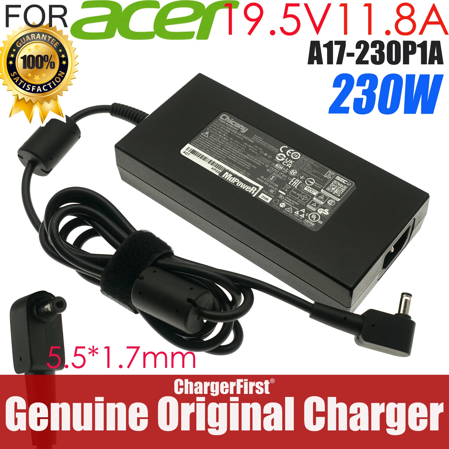 Genuine Chicony 19.5V 11.8A 230W A17-230P1A AC Adapter For Acer Predator Triton 500 PT515-52-73L3 Gaming Laptop Power Supply