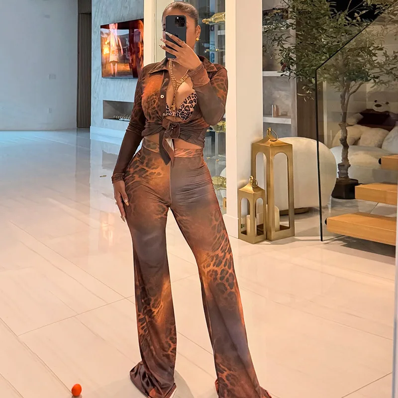 

STYLISH LADY Сетчатый комплект из 2 предметов с леопардовым принтом, женская рубашка с длинным рукавом и брючные костюмы-клеш, осень 2025 г., повседневная свободная одежда