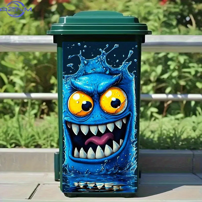 Trash Can Sticker - Blue Water Monster Design, PVC Self-Adhesive Decal for Trash Cans, Walls, Kitchen Decor - Fun-Themed Creat