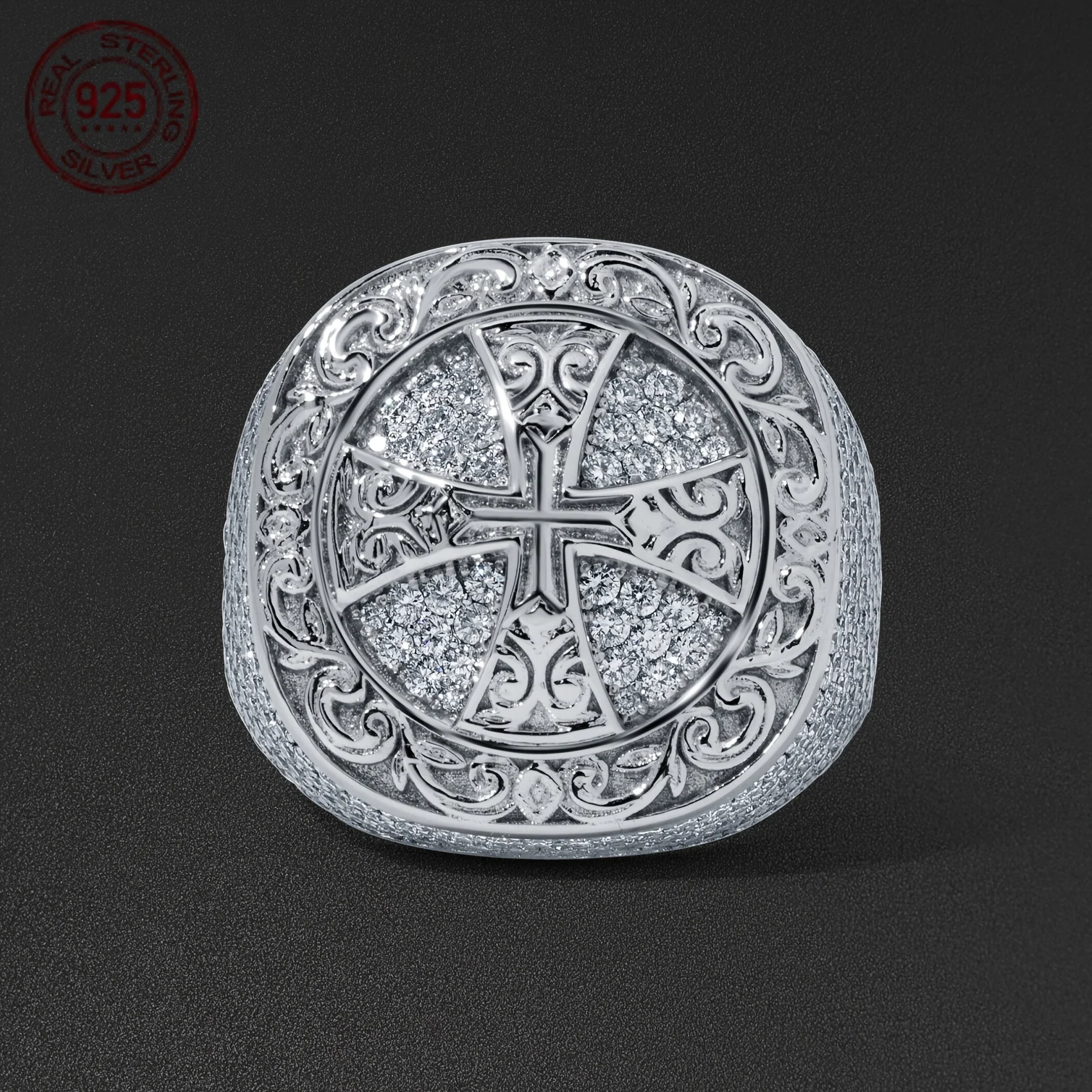 

Noble 925 Sterling Silver Eternity Cross Rings For Men Vintage White Gold Plated CZ Inlay Wide Version Hip Hop Ring Jewelry