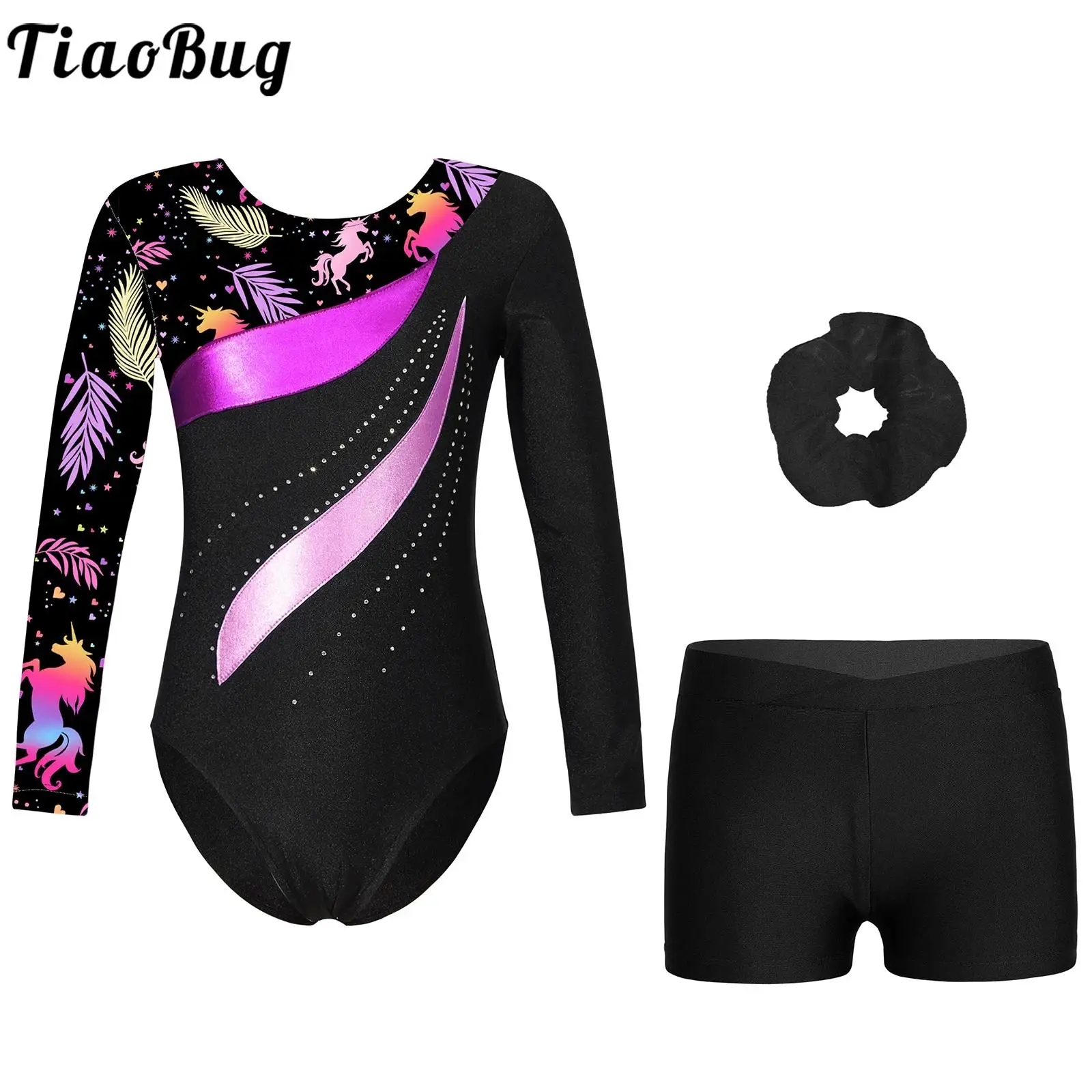 

Kids Girls Ballet Dance Outfits Long Sleeve Rhinestones Gymnastics Leotards with Shorts Acrobatics Figure Skating Yoga Jumpsuit