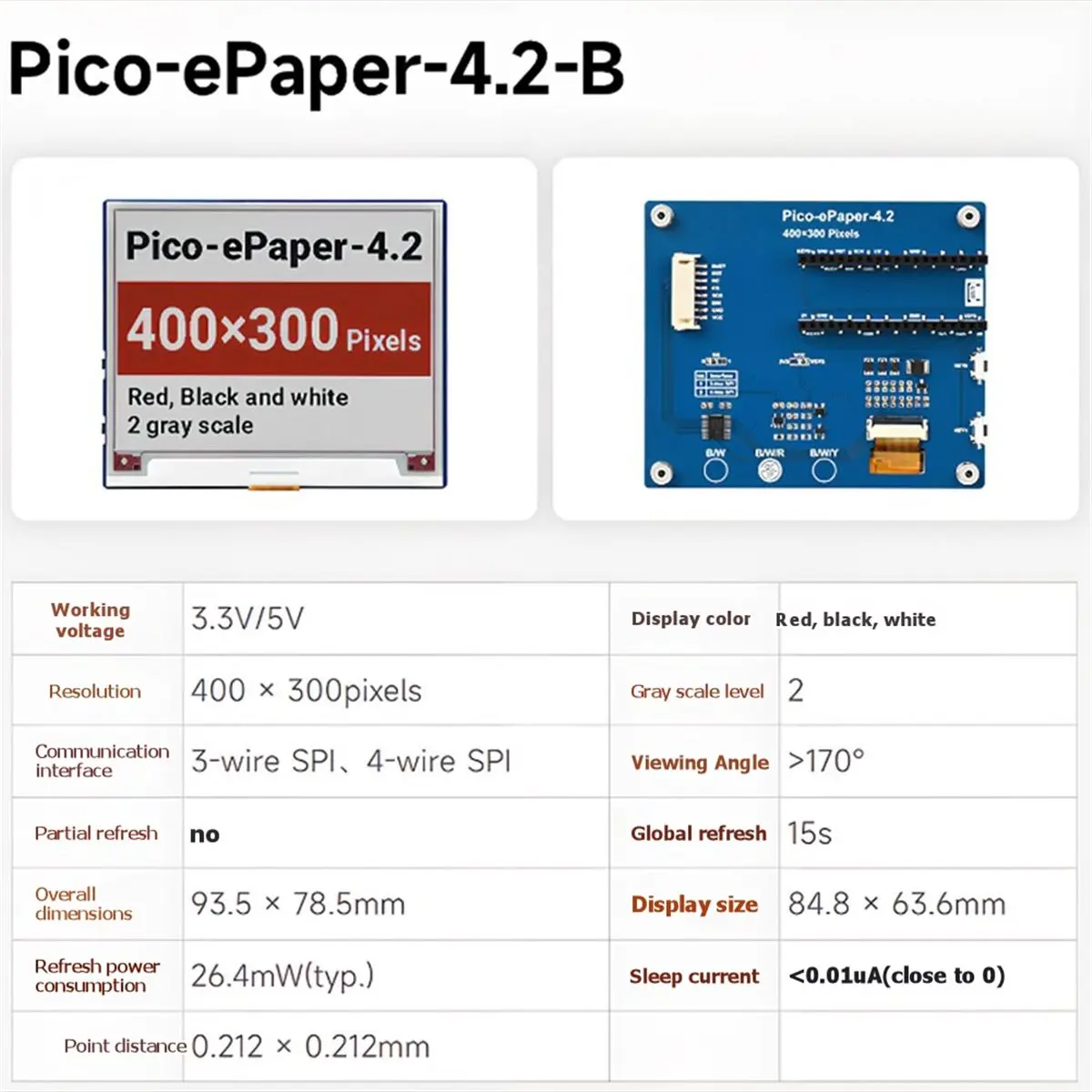 

4.2inch EPaper Display for Red/White/Black 400x300 Pixels SPI Communication Interface Screen