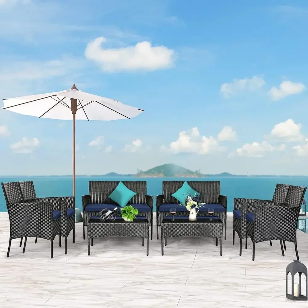 8 Pieces Patio urniture Set, Outdoor Wicker Contion Set with Tempered Glass Tabletop, Rattan Soa and Chairs Set with O White & N