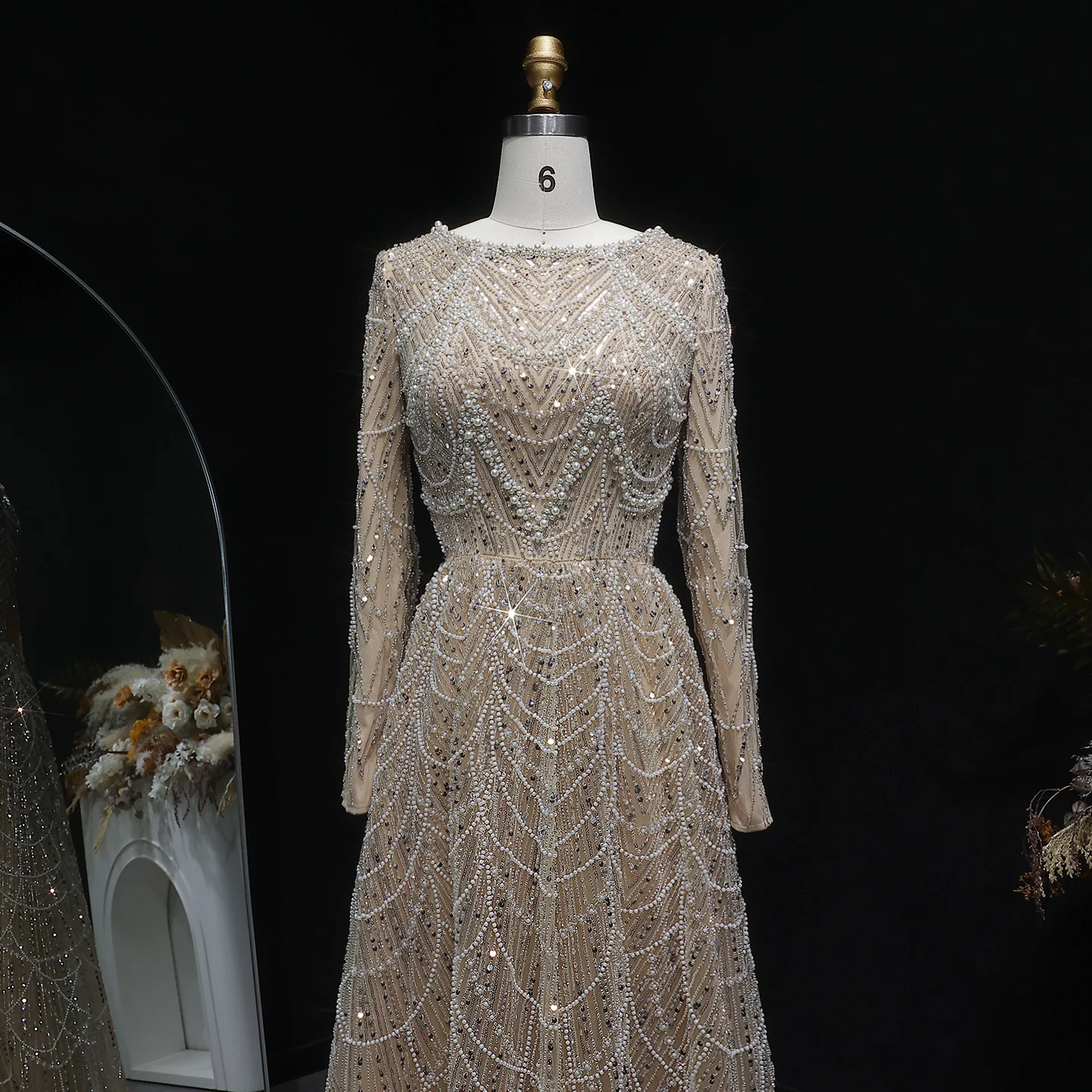Sharon Said Luxuriöses Dubai-Abendkleid mit grünen Perlen und langen Ärmeln, Saudi-Arabisches Damen-Hochzeitskleid, formelle Partykleider SS625, maßgeschneidert – Detail 28