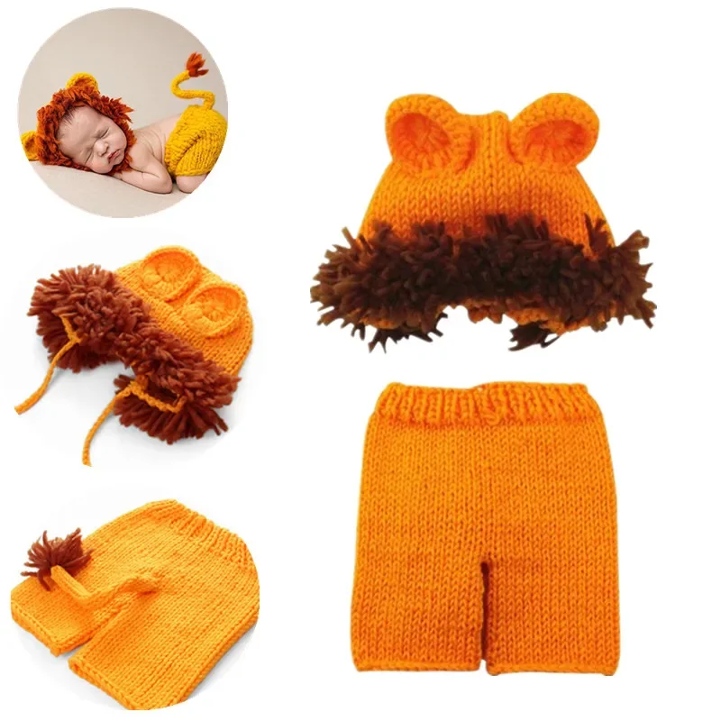 Newborn Photography Props 2pcs/set Boy Girl Costume Set Lion Animal Crochet Knit Handmade Pants Hat Baby Lion Suit Fotografia