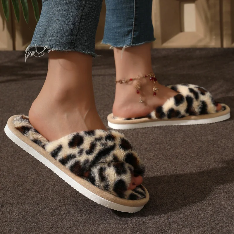 

Fashion Leopard Print Fluffy Slippers Women Light Faux Fur Warm Home Slippers Woman Comfort Flat Heel Plush House Slides Shoes