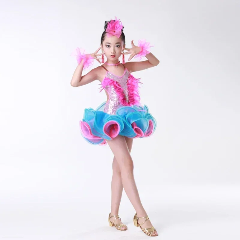 

Children's professional Latin dance performance clothing bright diamond tassel Latin dance skirt children Latin game clothing