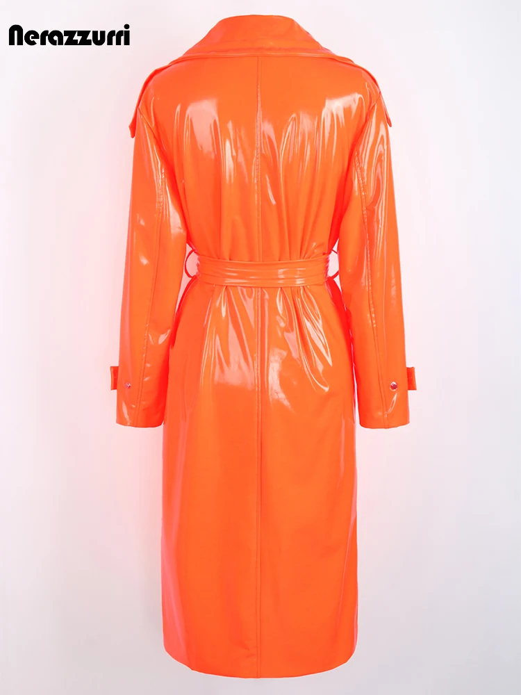 Nerazzurri Autumn Long Loose White Orange Shiny Reflective Patent Leather Trench Coat for Women Sashes Single Breasted Fashion