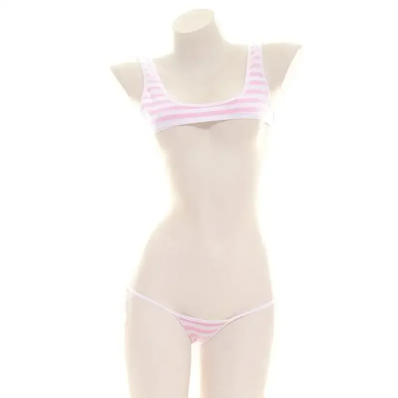 Blue White Stripe Bikini Set Women Swimsuit Striped Halter Micro Bikini Set Lolita Kawaii Swimsuit Backless String Tied Bathing view 2