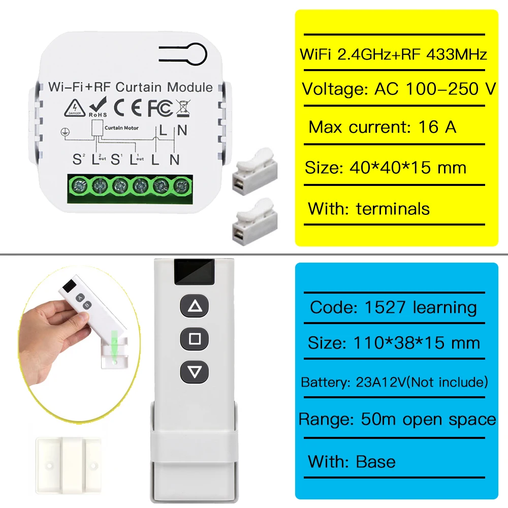 WiFi and Rf Smart Curtain Switch,Tuya Roller Shutter Blinds Module,Electric Curtain Opener,compatible with Alexa,Google 110 220V