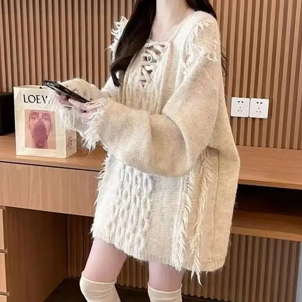 Tassel V-Neck Lace-Up Sweater 2024 Autumn Winter New Style Mid-Length Loose Slim Outer Wear Women'S Lazy Style Sweater