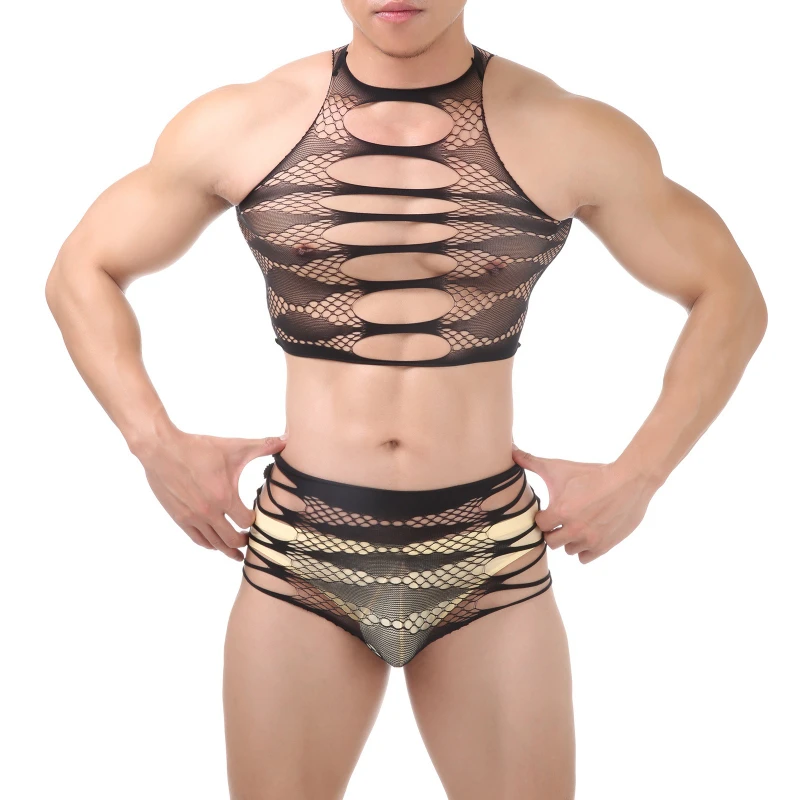 

Men Breathable Lace Lingerie Black Fishnet Nightgown Jumpsuits Sexy Bodysuits Hollow Fishnet Striped Sexy Underwear Clubwear
